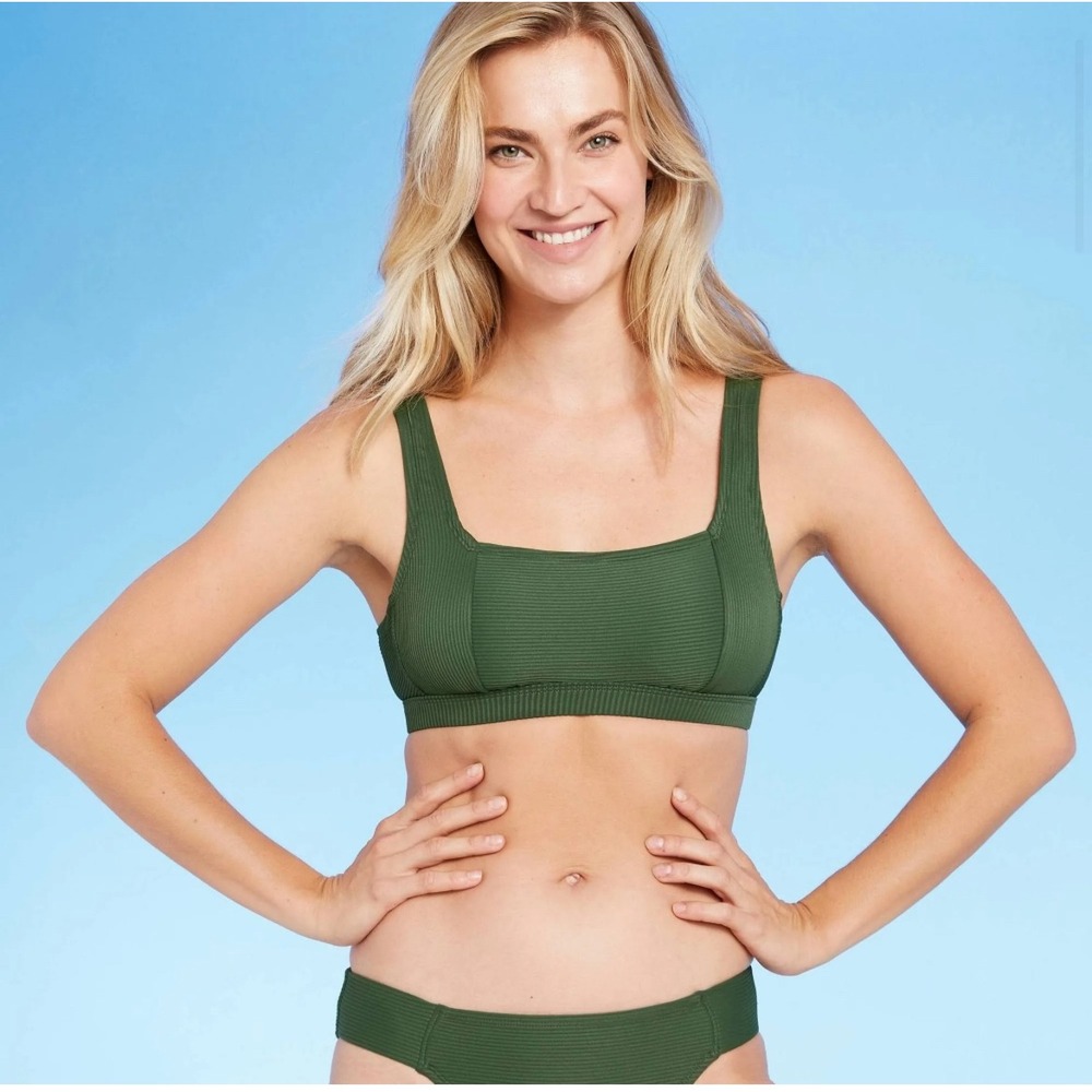 Green Ribbed Square Neck Bikini Top Swimsuit Chic Stylish‎ Fashion